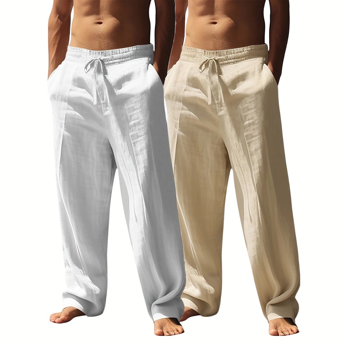 Currero Linnen Broek Heren - Zomerbroek - Volwassenen - Lange Broek - Pantalon - Strandbroek - Zomer - Ibiza Stijl - Wit + Khaki L