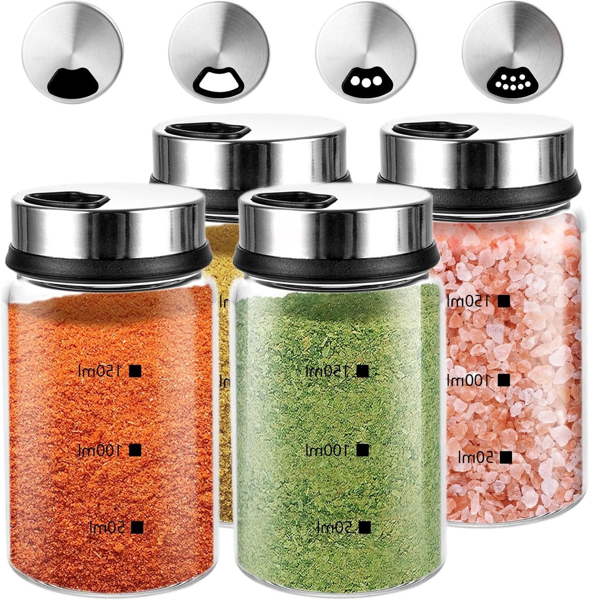 Set van 4 Kruidenspotjes met Draaidop - 150 ml Glazen Peper- en Zoutstrooier voor Keuken e