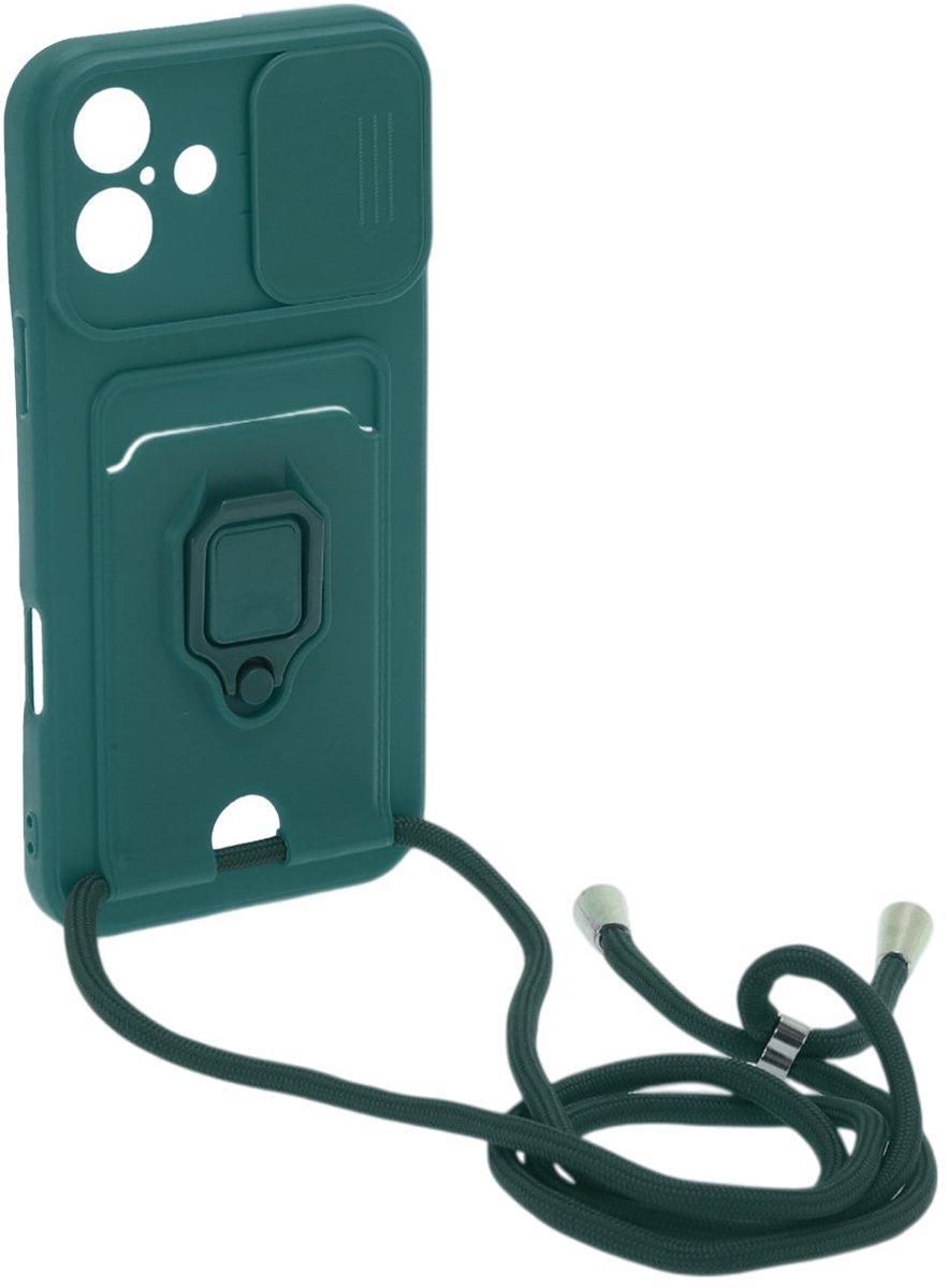 Dailygoods- Telefoonhoesje met koord - iPhone 16 - verstelbare halsketting - ringstandaard - schuifcamera-afdekking - kaartsleuven - Telefoonhoes
