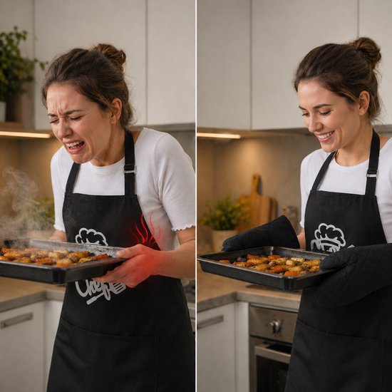 Avant et après : une femme avec des gants de cuisine retire une plaque de cuisson avec de la nourriture du four, en souriant.