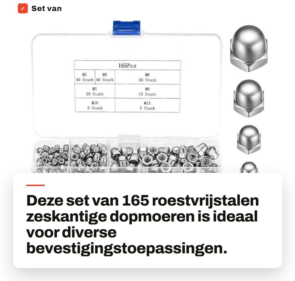 Dailygoods- Dopmoeren Set van 165 Stuks - Zeskantige Dopmoeren M3/M4/M5/M6/M8/M10 - Roestvrij Staal - Voor Auto's/Motoren/Hout- en Staalconstructies - Duurzaam en Corrosiebestendig - Moeren