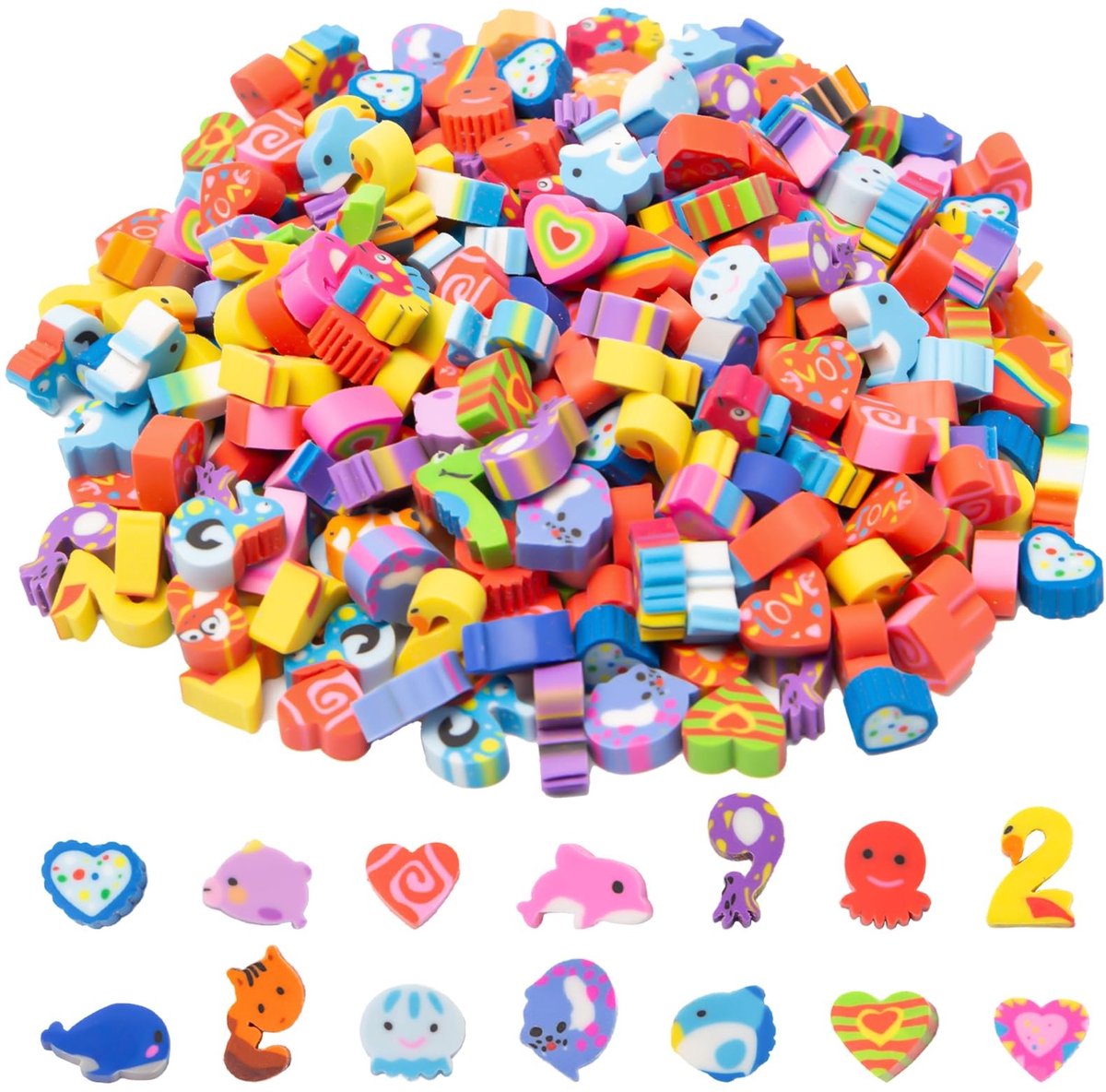 Dailygoods- Mini-gummen 300 stuks - Schattige Gummen - Schoolbenodigdheden - Feesttas - TPR - 10 x 10 x 5 mm