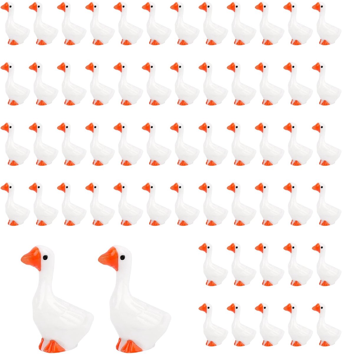 Dailygoods- Ganzenbeeldjes 60 Stuks - Mini Hars Decoratie - Tuindecoratie - Dashboarddecoraties - Bureau-Ornamenten - Wit/Oranje - Schattig en Stevig - Decoratiebeeldjes