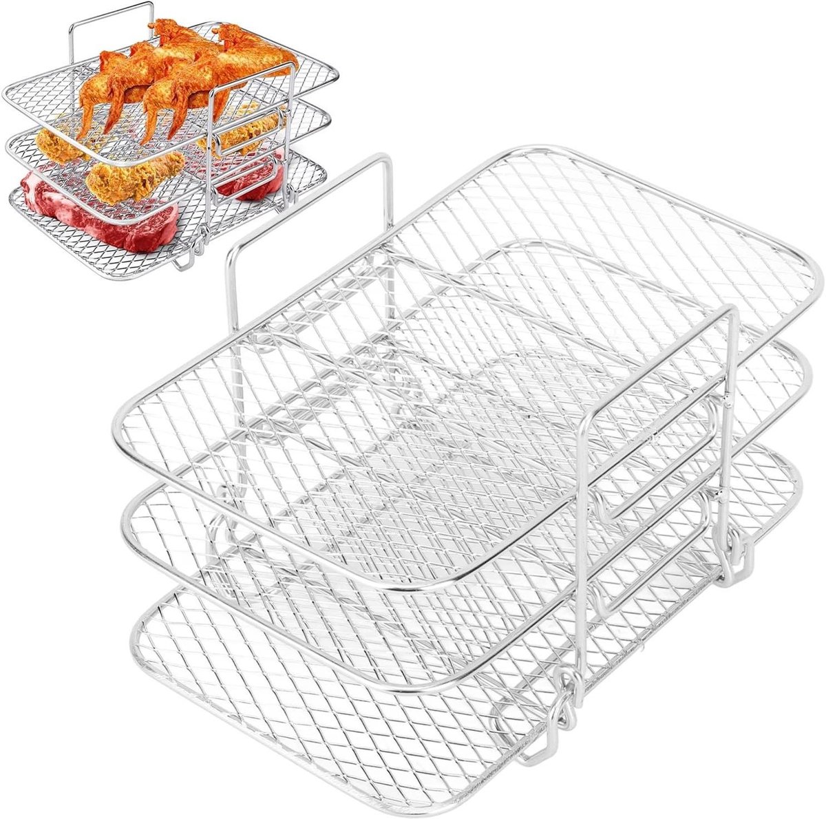 Luchtfriteuserek Dehydratorrek Koken en bakken 3 Laags Stapelbaar 20 x 20 cm Zilver