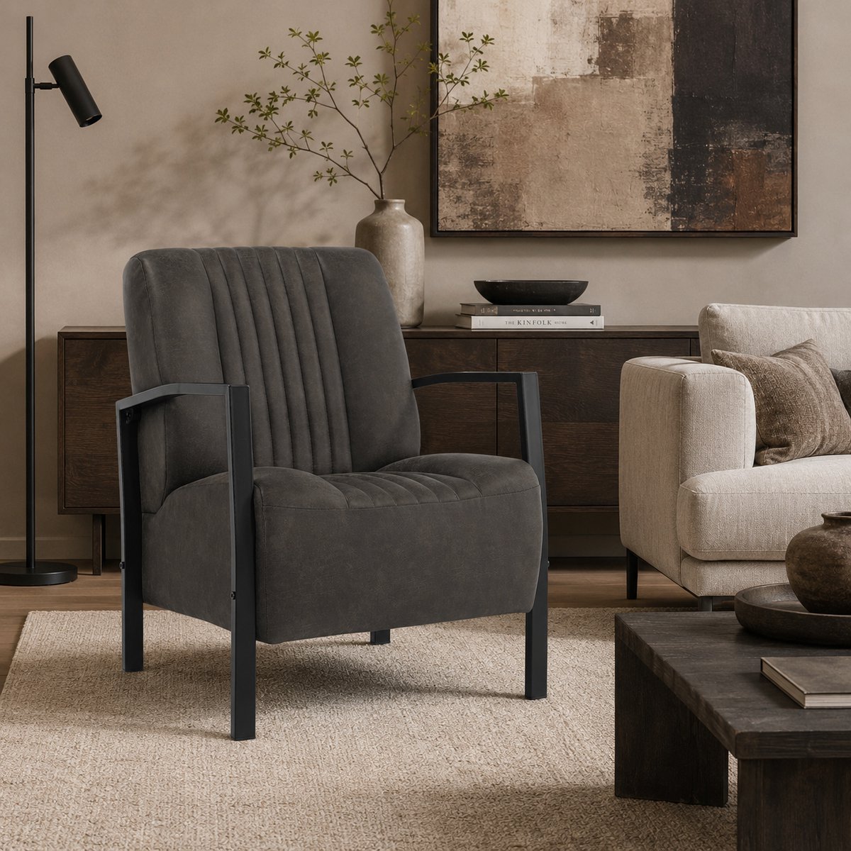 Fauteuil Rowan – Comfortabele Loungestoel in Bull Microleder – Volledig Gemonteerd - Antraciet