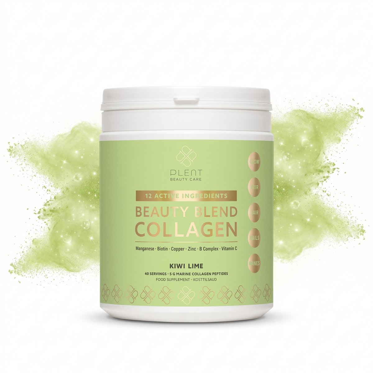 Plent Beauty - Beauty Blend Viscollageen - Kiwi Lime - 40 doseringen - Met 12 actieve ingrediënten ter ondersteuning van huid, haar, nagels en botten