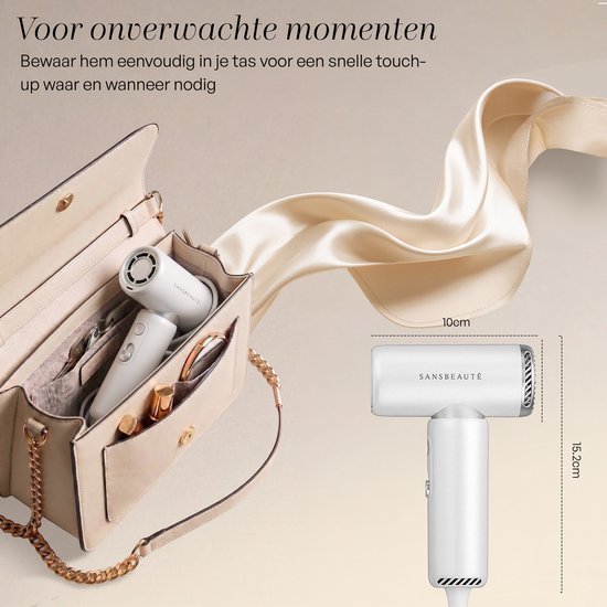 Sansbeauté® Föhn met Diffuser - EssentiaPRO Mini - Reisföhn met Opzetstukken - Reishaardroger - 110.000RPM - Sèche Cheveux - Ionische Haardroger met Borstel - Haarföhn met Defuser - Blow Dryer - Kappersfohn - 1300W - 220-240V