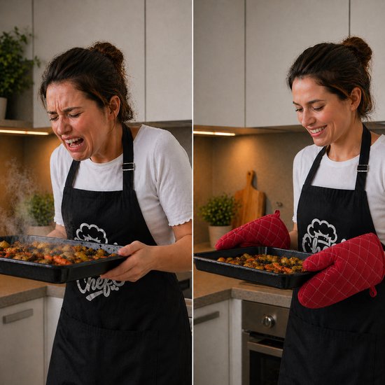Femme portant un tablier noir avec logo, tenant un plat à rôtir avec des légumes rôtis, de la vapeur s'élevant. Elle sourit de plaisir. À gauche, elle grimace en sentant le plat. À droite, elle sourit au plat.