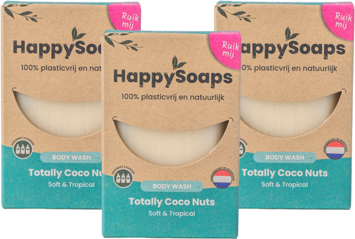 HappySoaps Totally CocoNuts – 3x Body Wash Bar – Natuurlijke Doucheverzorging – Kokos & Limoen – Voordeelverpakking