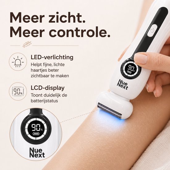 Witte ladyshave met LED-verlichting op de scheerkop en LCD-display met batterijstatus.