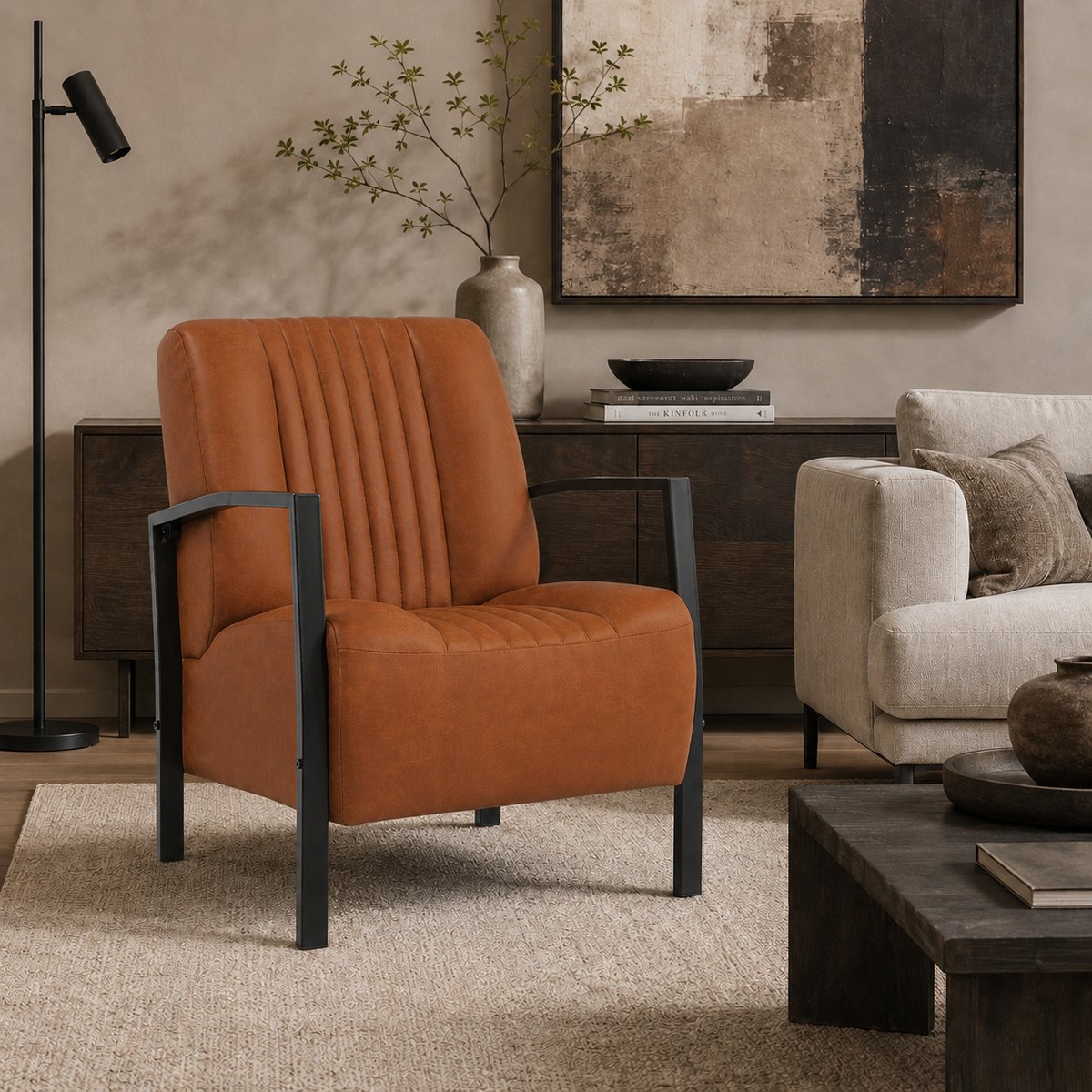 Fauteuil Rowan – Comfortabele Loungestoel in Bull Microleder – Volledig Gemonteerd - Cognac