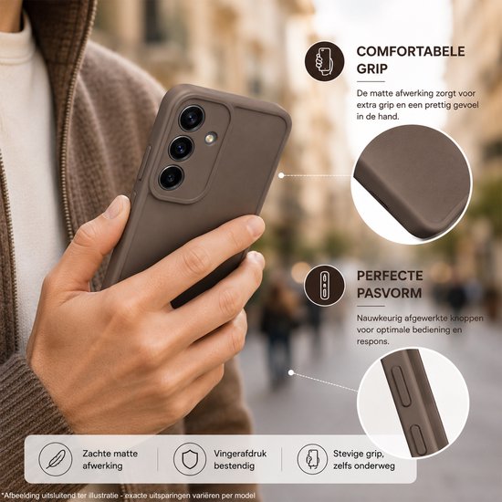 Bruin siliconen hoesje om een telefoon. Heeft matte afwerking, zachte afwerking en vinger-afdruk bestendig.