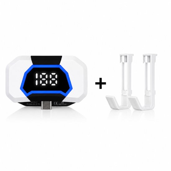 Witte mini powerbank met blauwe neonrand en display '188', met twee witte ophanghaken ernaast.