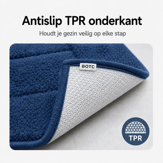 Onderkant van een blauwe badmat met antislip TPR-onderkant.