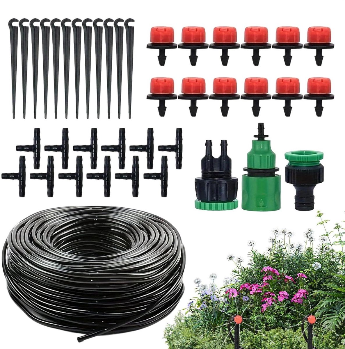Druppelirrigatieset - Automatische bewatering - Planten water geven - Verstelbare waterverdeling - 10 meter slang - Zwart