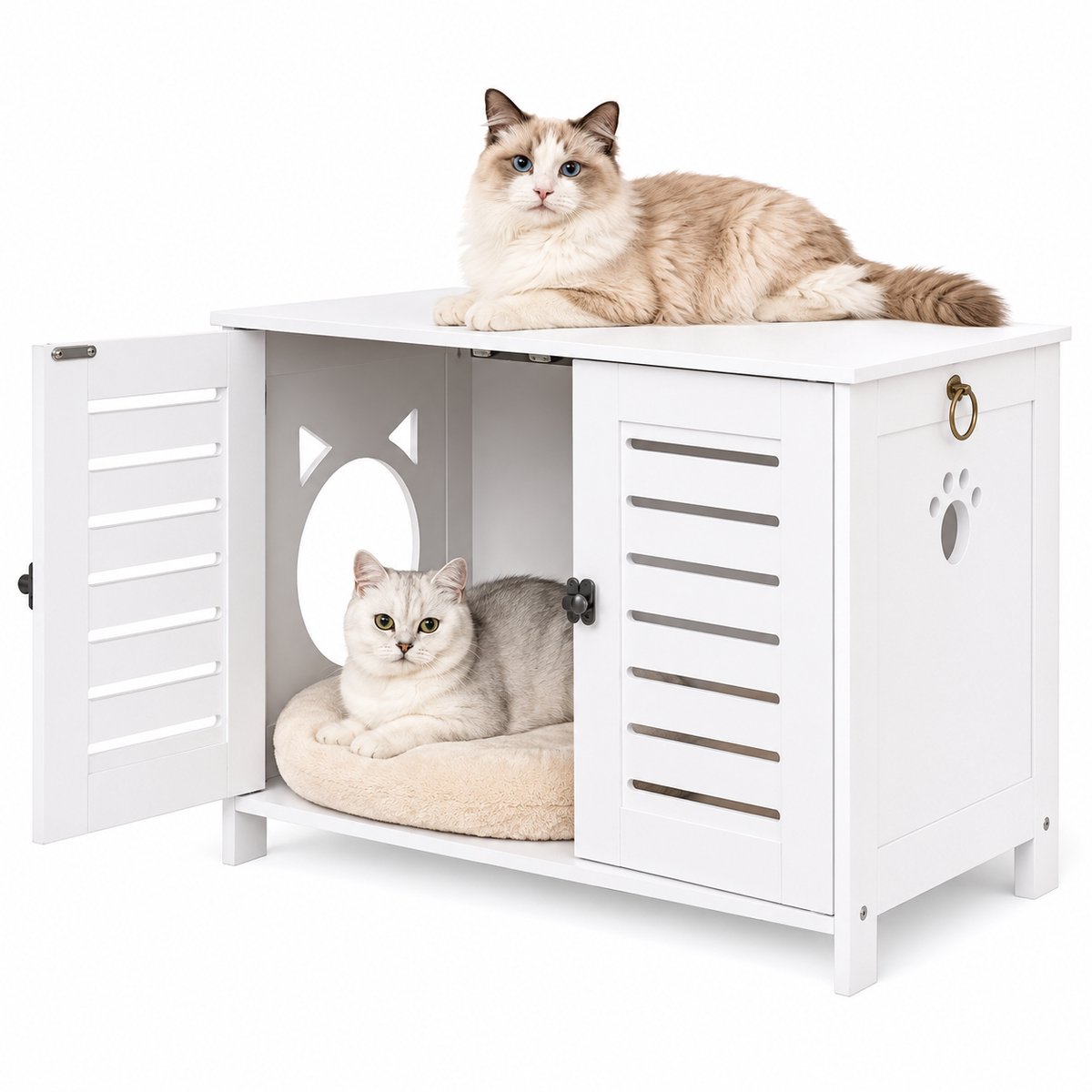 NordPaw® Kattenbak Meubel Wit – Verborgen Kattenbak Kast met Ventilatie, Kattenhuis & Bijzettafel – 59 x 44 x 49 cm