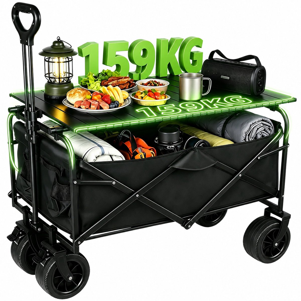 Velmio Opvouwbare Bolderkar met Tafel - Bolderkar - 150 Liter - Strand/Picknicken/Wandelen/Kamperen - Schokbestendige Wielen - Zwart - 95 × 57 × 100 cm