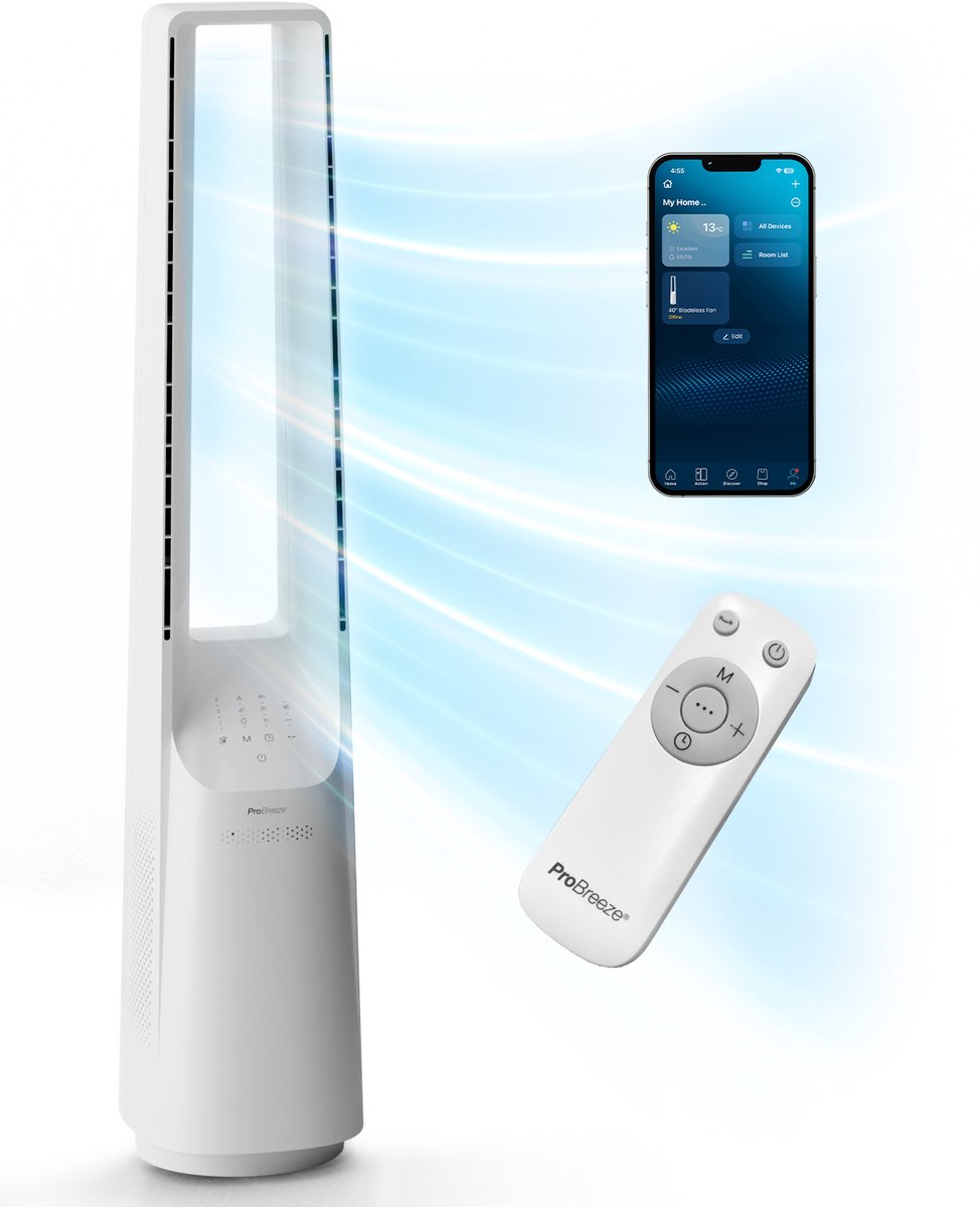 Pro Breeze Bladloze Ventilator - Torenventilator - 6 Snelheden - Slimme Appbediening - Wifi - Werkt met Alexa en Google Home - Wit