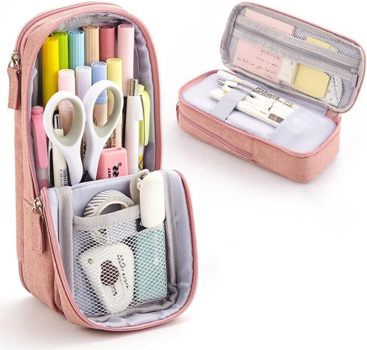 Tweelaags Etui - Opbergtasje - Briefpapier Organiseren - Opvouwbare Standaard - Grote Capaciteit - Grijs