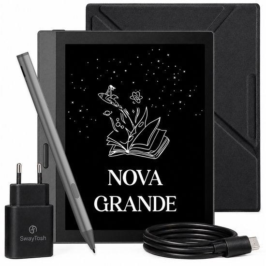 Een e-reader met stylus, oplader en kabel, met een zwarte hoes erachter. Tekst 'NOVA GRANDE' op het scherm. Productfoto.