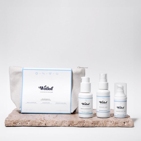 Witlof Probeer- en Reisset met toilettas, reinigingsmelk, toner en gezichtscrème.