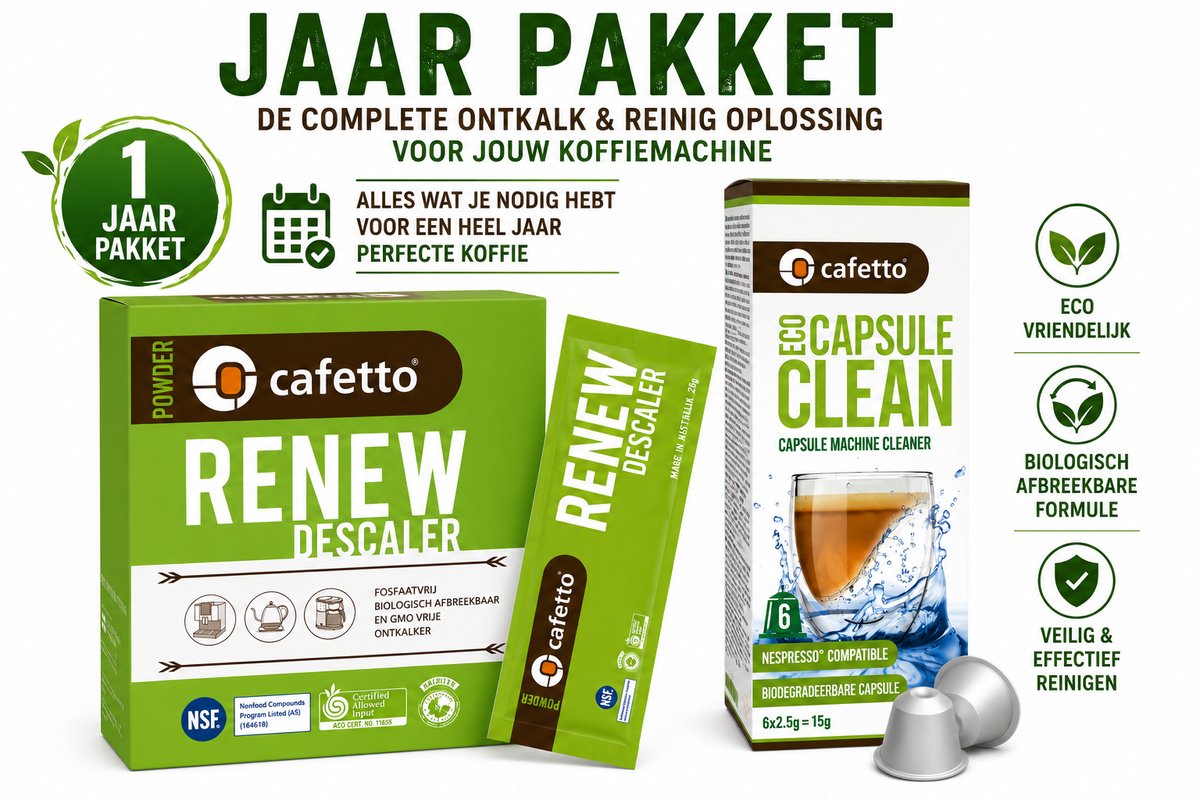 Cafetto Jaarpakket voor Nespresso® Machines – Ontkalker + Reinigingscapsules – Complete Onderhoudsset voor 1 Jaar – Verbetert Koffiesmaak & Verlengt Levensduur
