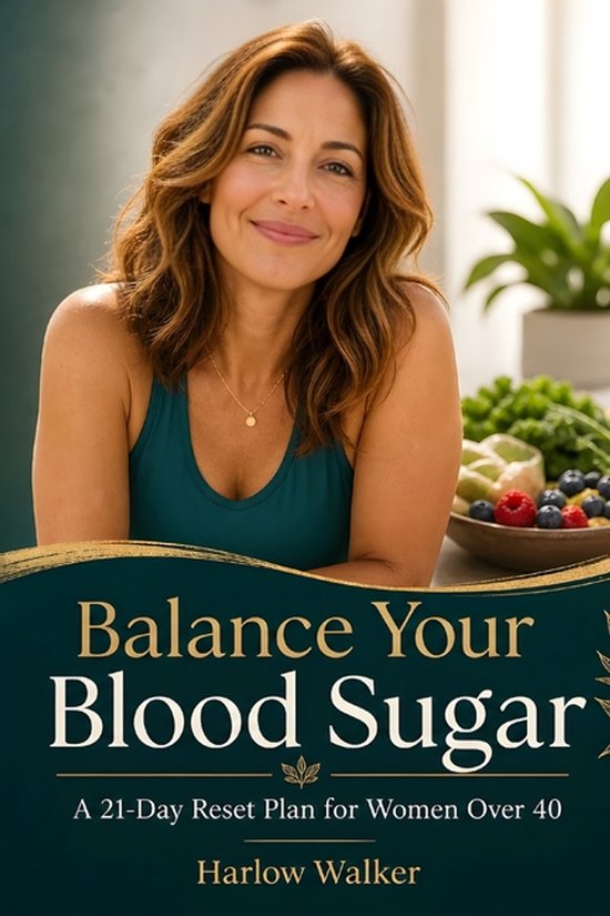 Titel "Balance Your Blood Sugar" met een lachende vrouw in een teal sporttop.
