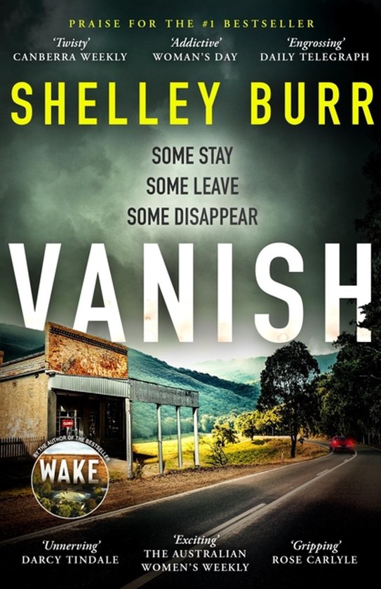 Boekomslag van Vanish door Shelley Burr, met een landweg, een verlaten winkel en een stormachtige lucht.
