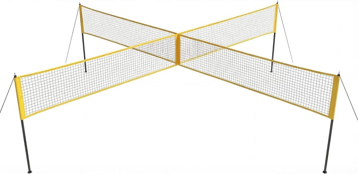 Volleybalnet met kruisvorm en 4 vakken, PE, verstelbaar net voor strand en tuin, afmetingen uitgeklapt 335x335x213 cm, rood en geel, inclusief draagtas