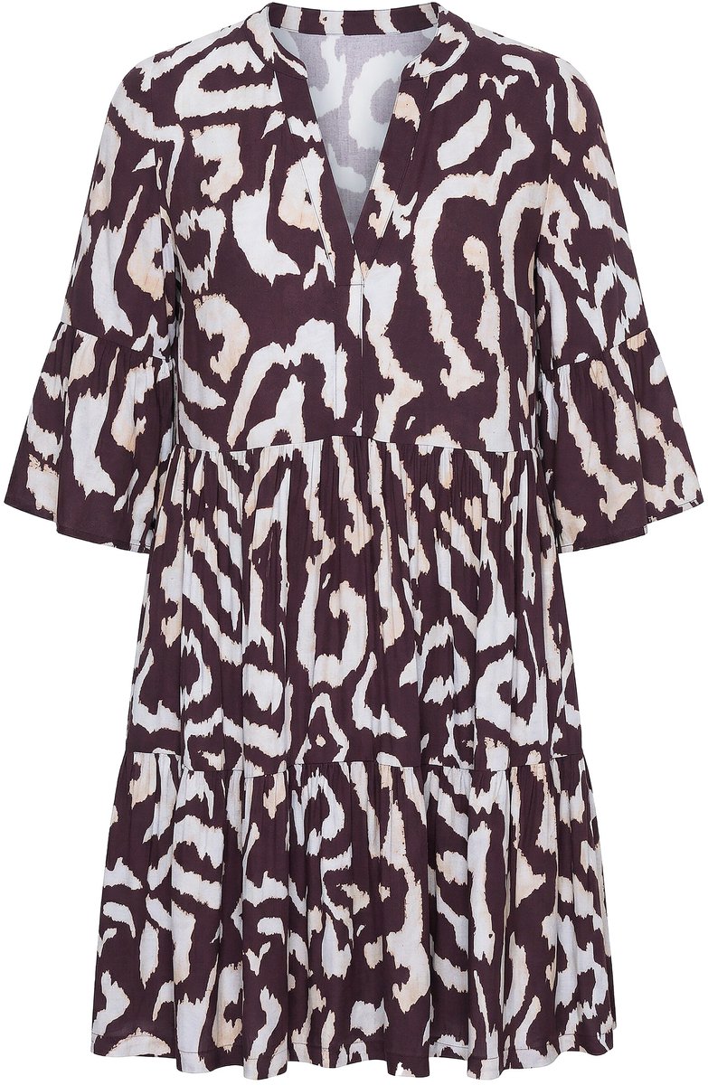 Studio Untold - Dames - Jurk korte A-lijn print ruche - Chocolade - Maat 42+