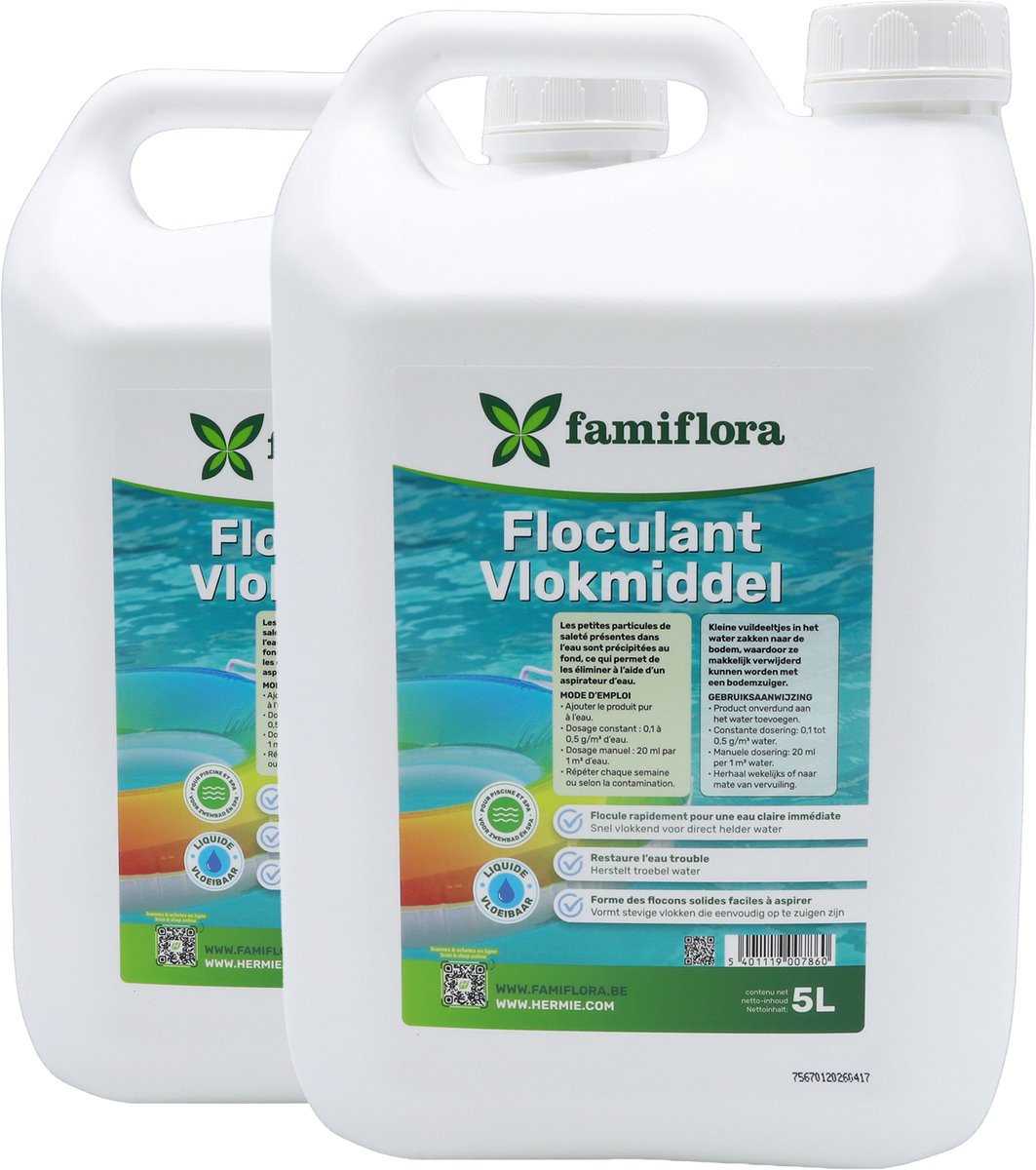 Famiflora Flocculant (vlokmiddel) vloeibaar 2x 5L - vloeibare flocculant voor kristalhelder water! - Vlokt vuil efficiënt zodat je snel helder water krijgt zonder extra werk