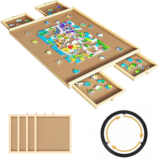 Houten puzzelboren met lade systeem, met diverse puzzelstukjes, inclusief aparte sorteerlade en draairing.