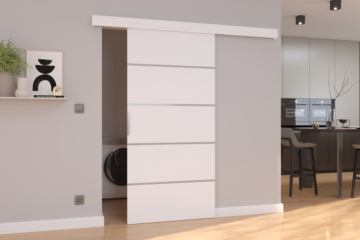 Biscitto wand schuifdeur 86x205 cm – witte binnenschuifdeur met 4 decoratieve lijsten, aluminium handgreep en kogelgelagerd schuifsysteem - Wit