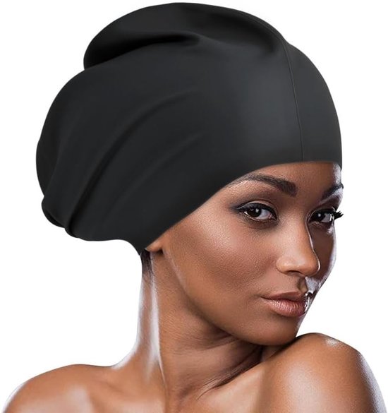 Foto: Siliconen badmuts xl zwemmuts voor lang haar extra grote siliconen badmuts voor dames en heren waterdichte zwemkap met oorbescherming voor krullen vlechten dreadlocks en afro zwart