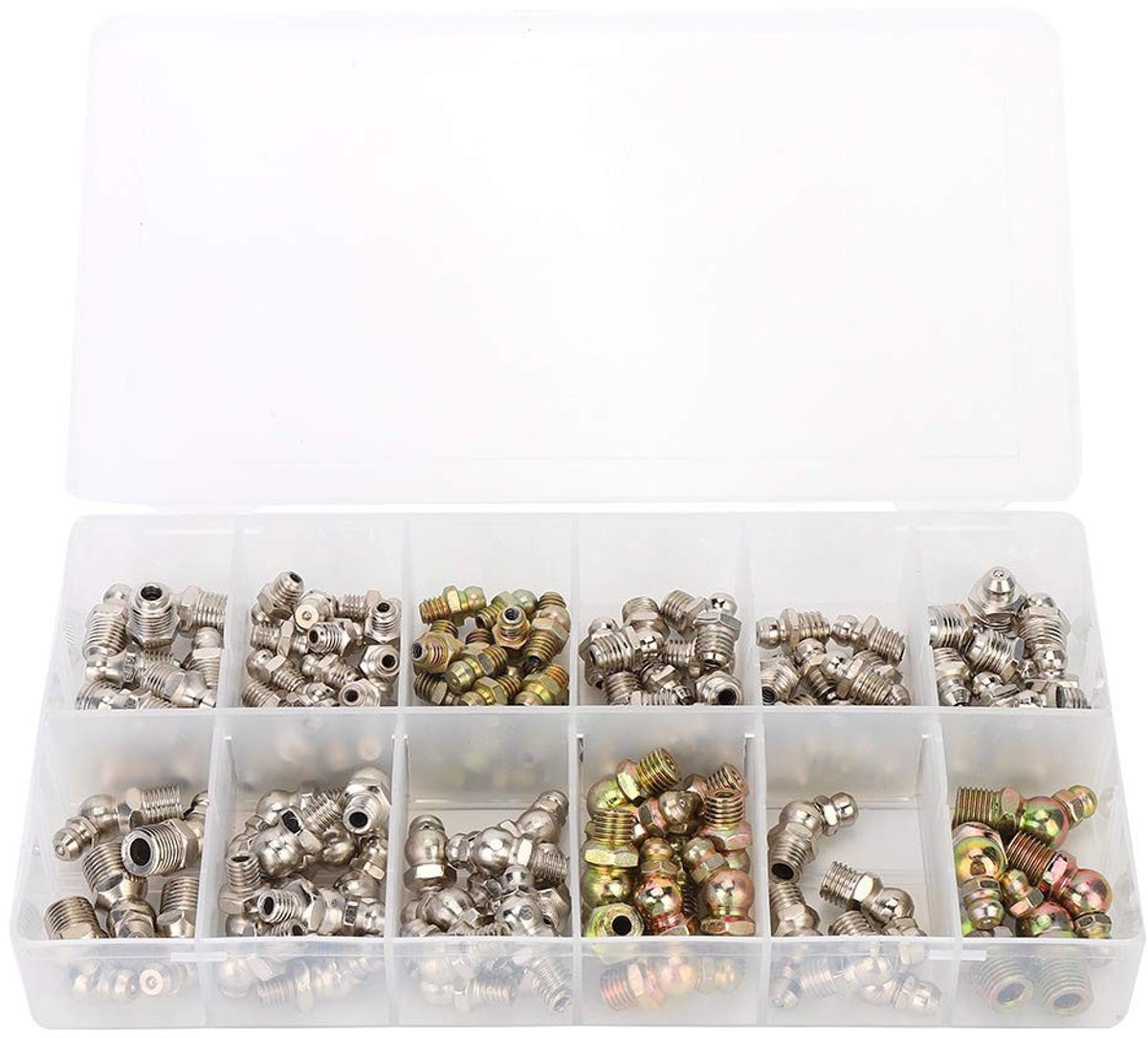 Dailygoods- Smeernippel Assortiment 130 Stuks - M6/M8/M10 - 1/8/1/4 - Rechte/45 Graden - Vernikkeld Ijzer - Hydraulische Zerk Fitting - Smeernippelset