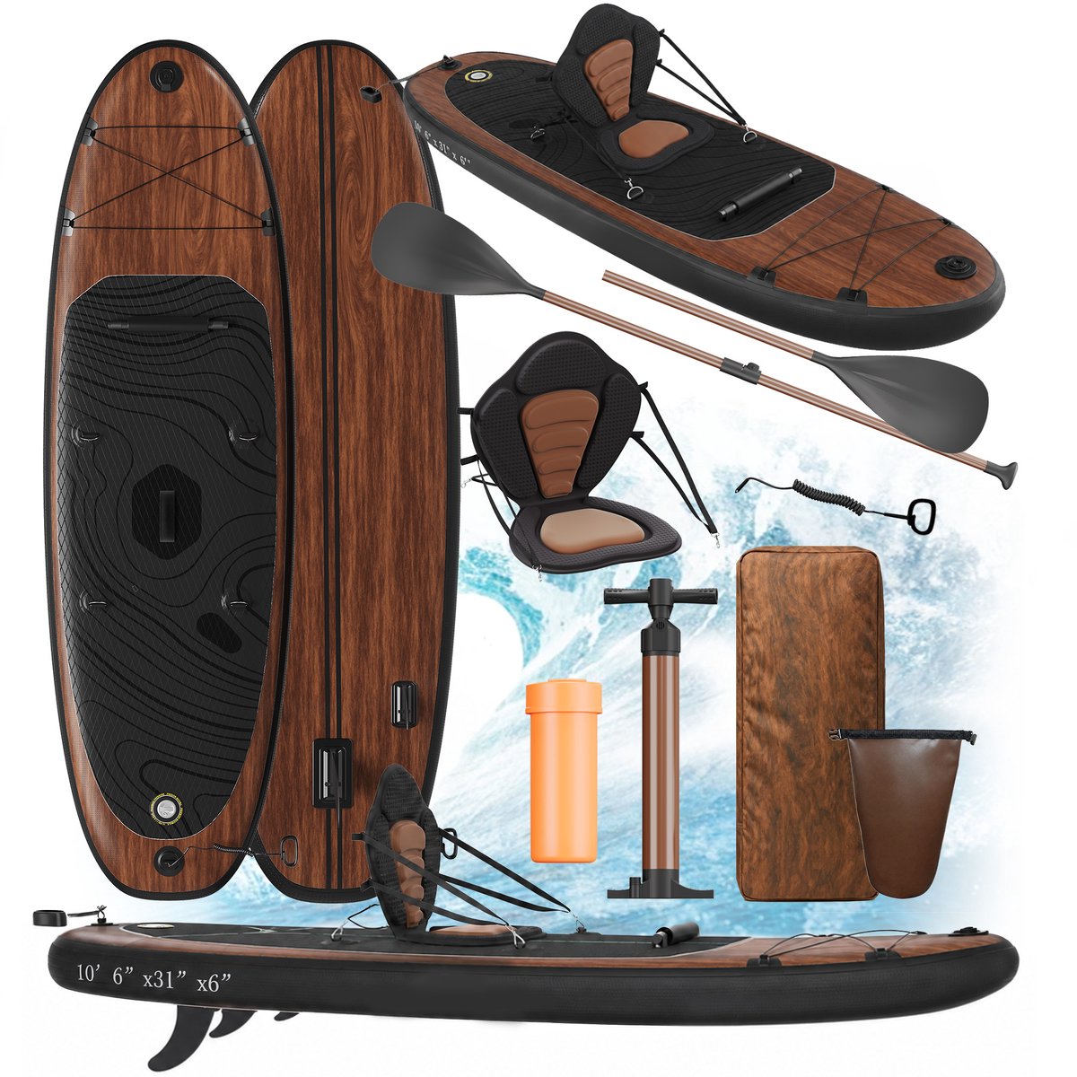 Devoko SUP board XL - allround - opblaasbaar paddle board - limited collection - stand up paddle board - compleet SUP pakket paddleboardpakket - 130 kg - 79x 320cm - Hout kleur