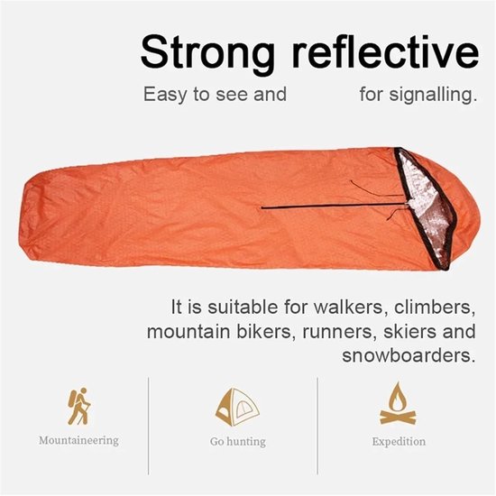 Bivvy tas - Nood slaapzak - Kamperen en survival - Houdt 90% lichaamswarmte - 208 x 81 cm - Oranje — afbeelding 2