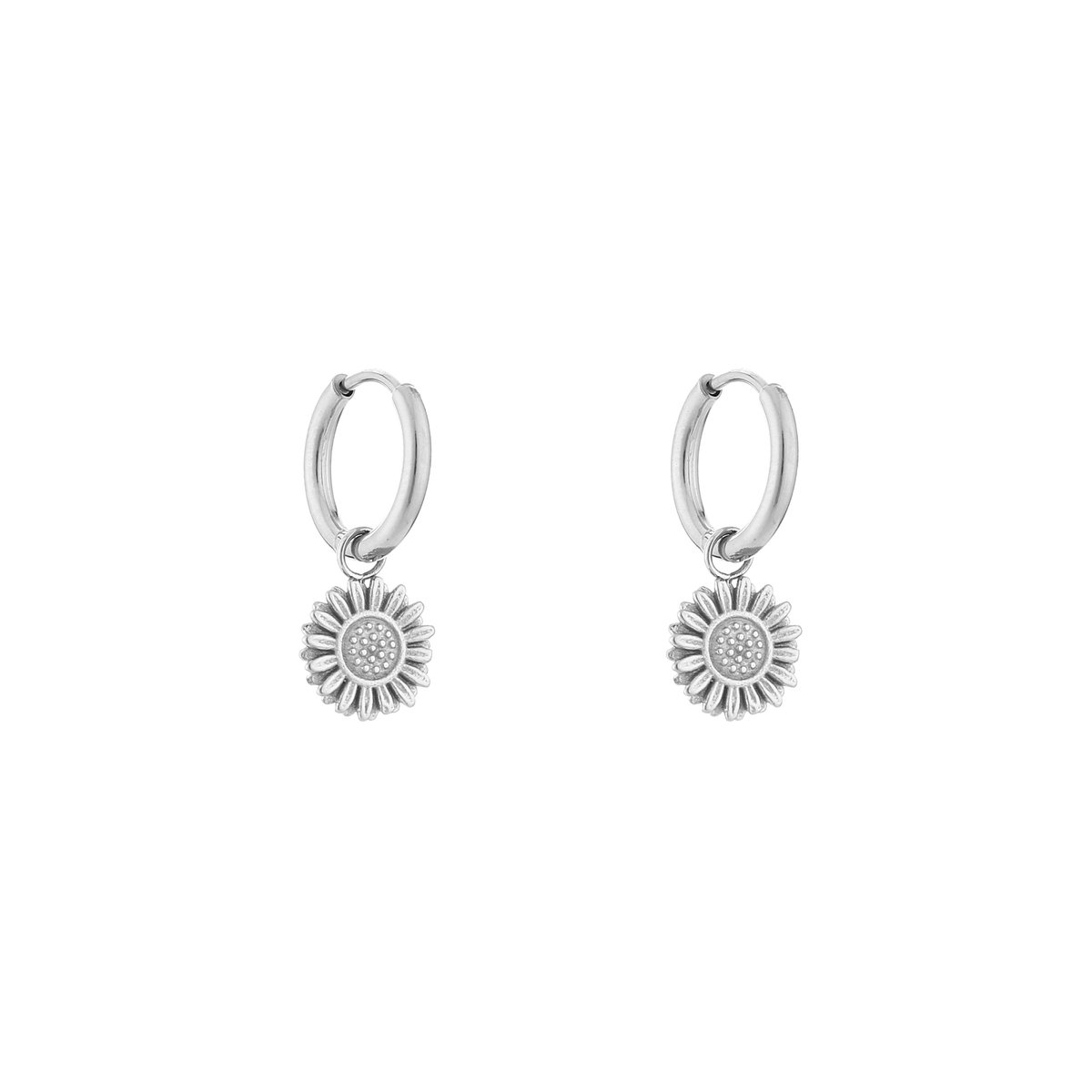 Stainless Steel Reliëf Bloem Plaatje Bedel Oorringen – Botanische & Trendy Hoops – RVS - Zilver
