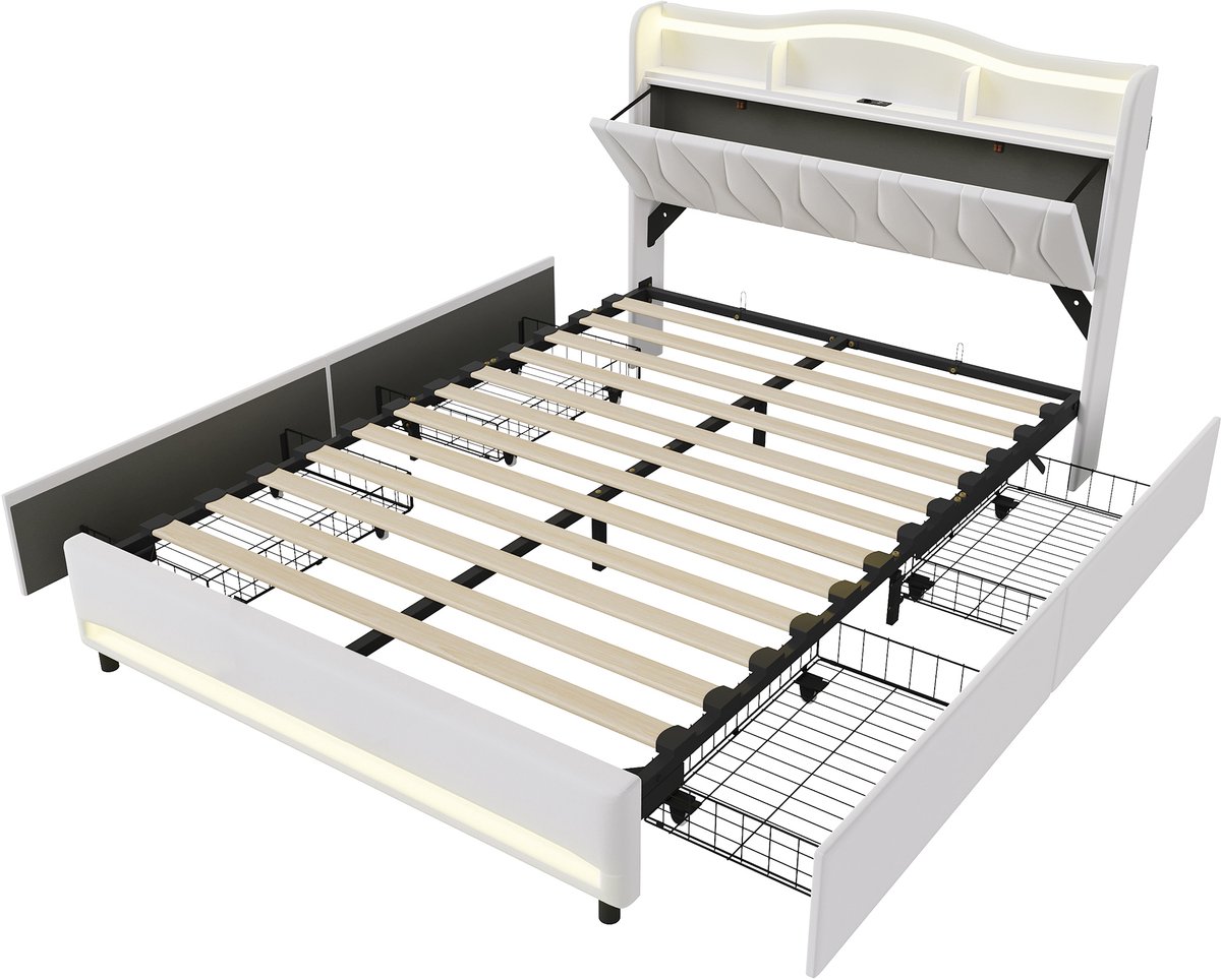 Opbergbed 160x200 cm Beige Fluweel - Tweepersoonsbed met 4 Laden, Opberghoofdbord, USB-A & USB-C en LED-verlichting