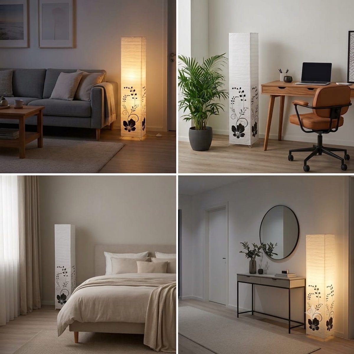 Trango 1210L Design LED Vloerlamp *GRIEKENLAND* Rijstpapier Lamp *HANDMADE* in wit met bloemmotief I incl. 2x E14 LED lamp I Vorm: vierkant I Hoogte: ca. 125cm I Woonkamerlamp I Vloerlamp I Rijstpapier