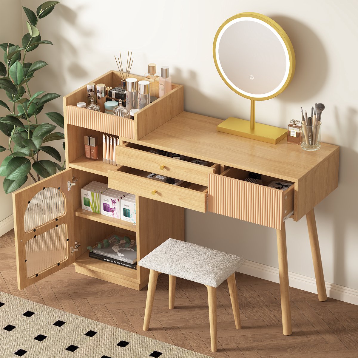 COVREO Kaptafel 120x40x90 cm – naturel, spaanplaat, LED-spiegel met 3-kleurige verlichting