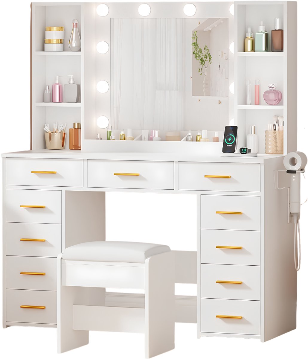 SP® Makeup Tafel - 11 Lades - Kaptafel - Kaptafel met LED Spiegel - Wit - 40cm x 110cm x 140cm
