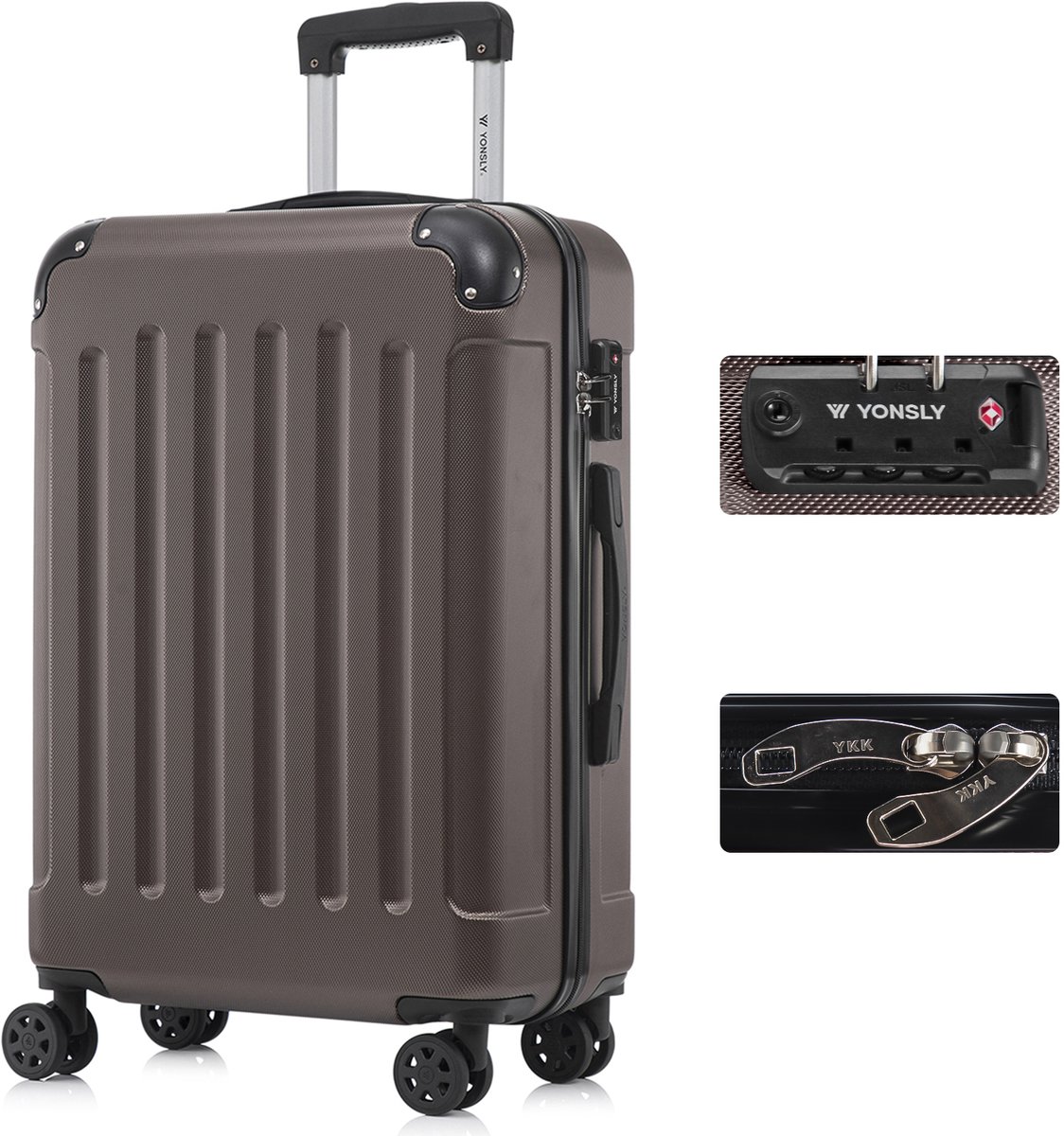 YONSLY Handbagage Koffer - 66cm - 66 L - TSA Slot - 360° Draaibare Wielen - Trolley - Braun