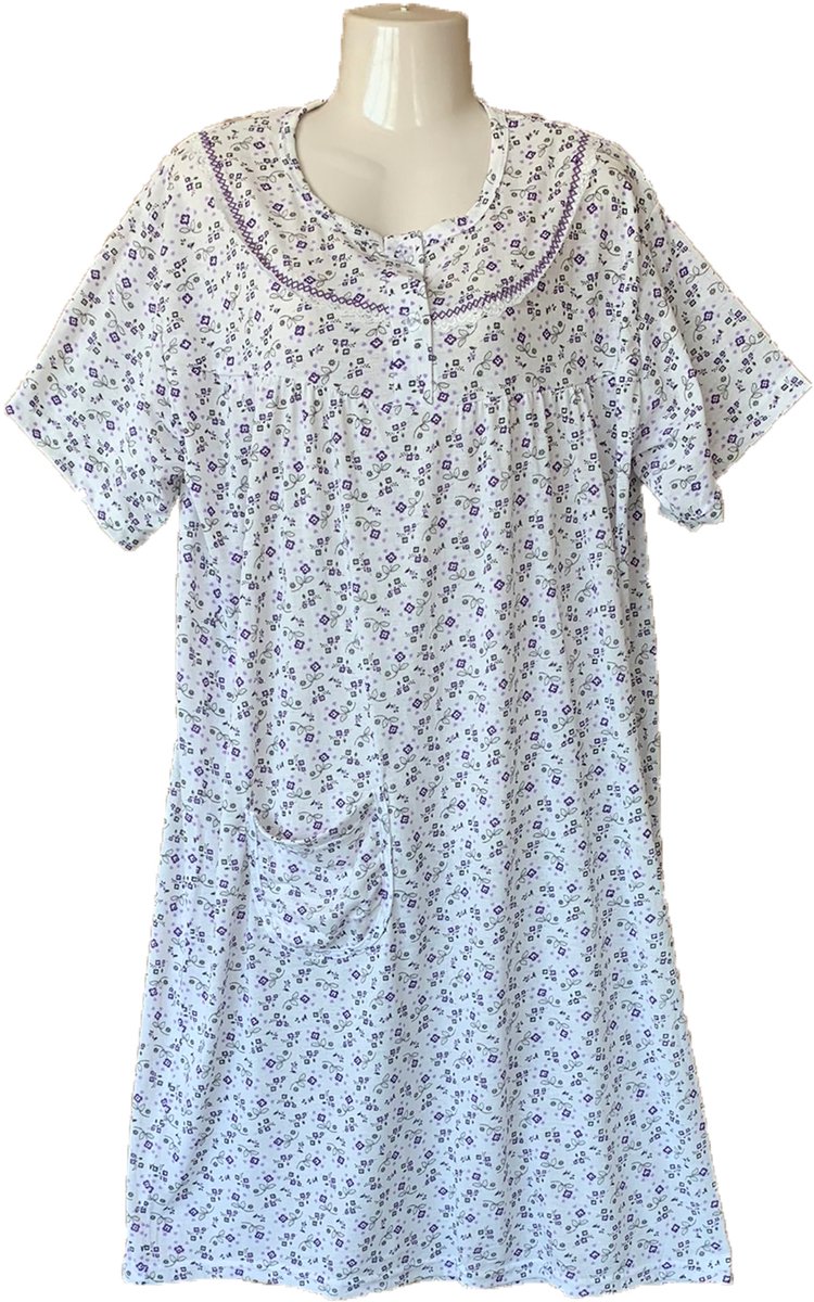 Gebloemde Dames Nachtjapon met Korte Mouwen - 100% Katoen stof - Kleur Paars - Maat 2XL