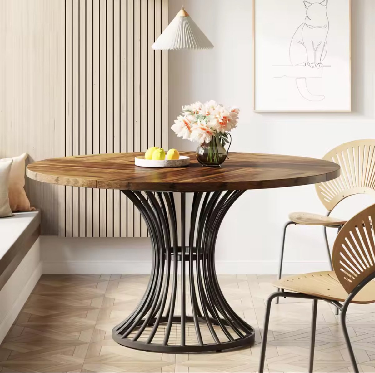 Tribesigns Ronde Eettafel - Keukentafel - 120 x 120 x 75 cm - Houten Eettafel Voor 4-6, Industriële Eettafel met Metalen Onderstel voor Keuken - Zwart en Bruin
