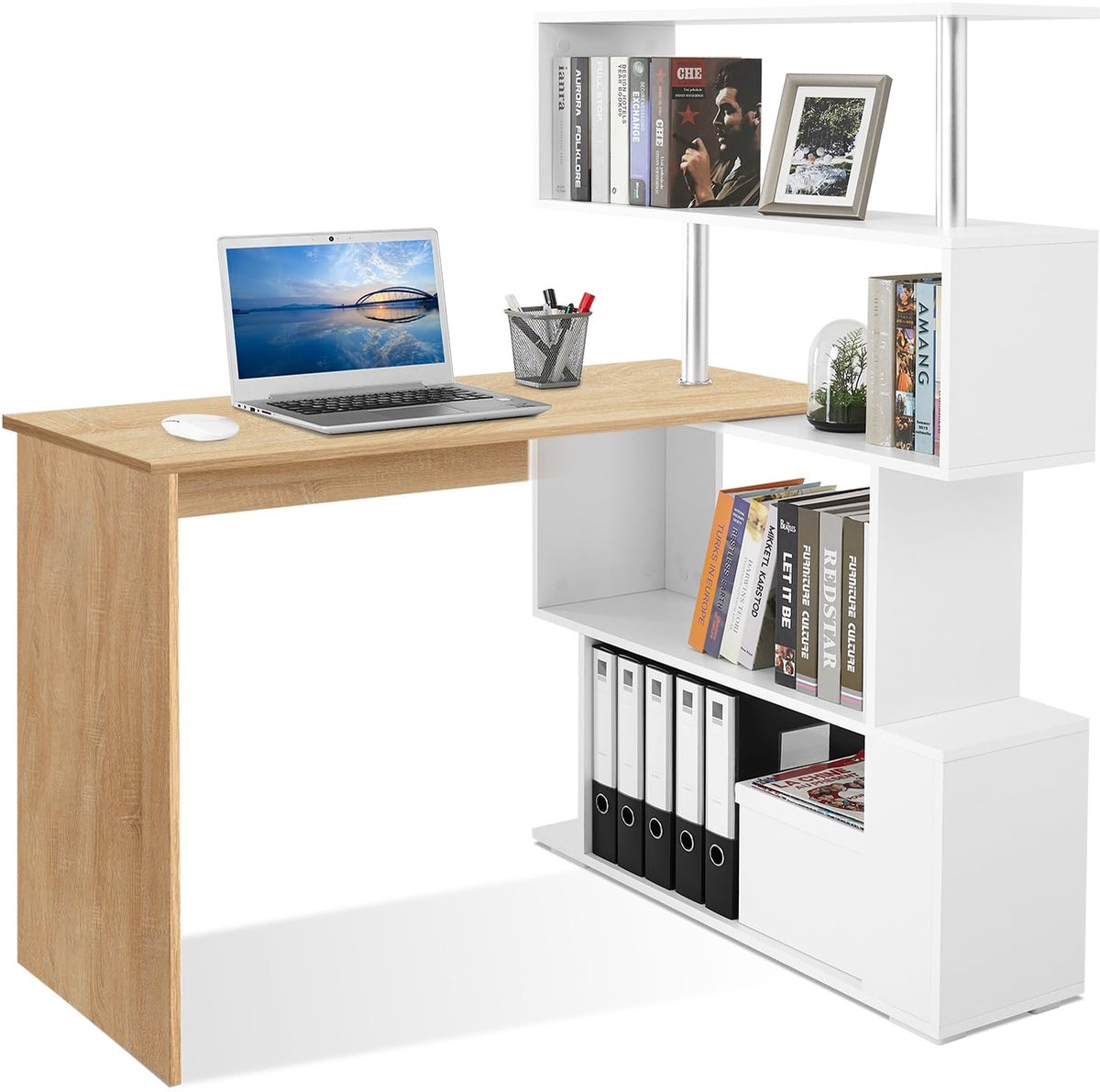 SnelShoppen - Meerveil L-vormig Computertafel Hoekbureau met Draaibare Boekenkast, 157x45x130,5 cm, Eiken Tafelblad en Wit Rek voor Thuiswerk, Kantoor