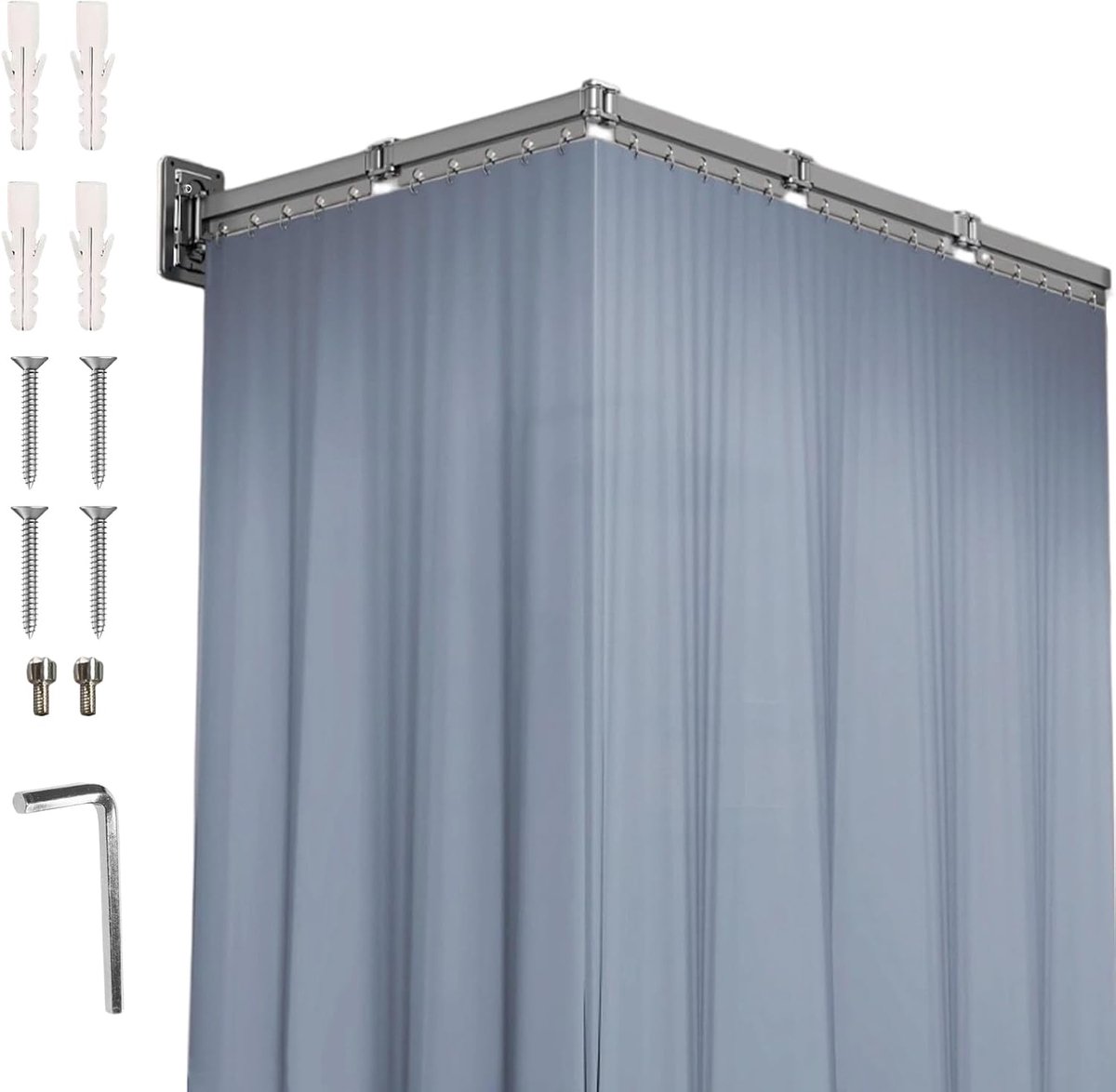 SnelShoppen - Opvouwbare douchegordijnstang met gordijn (1,5 x 1,8 m), verstelbaar, waterdicht, L/U-vormige ladder, wandstang voor badkamer, stevige m