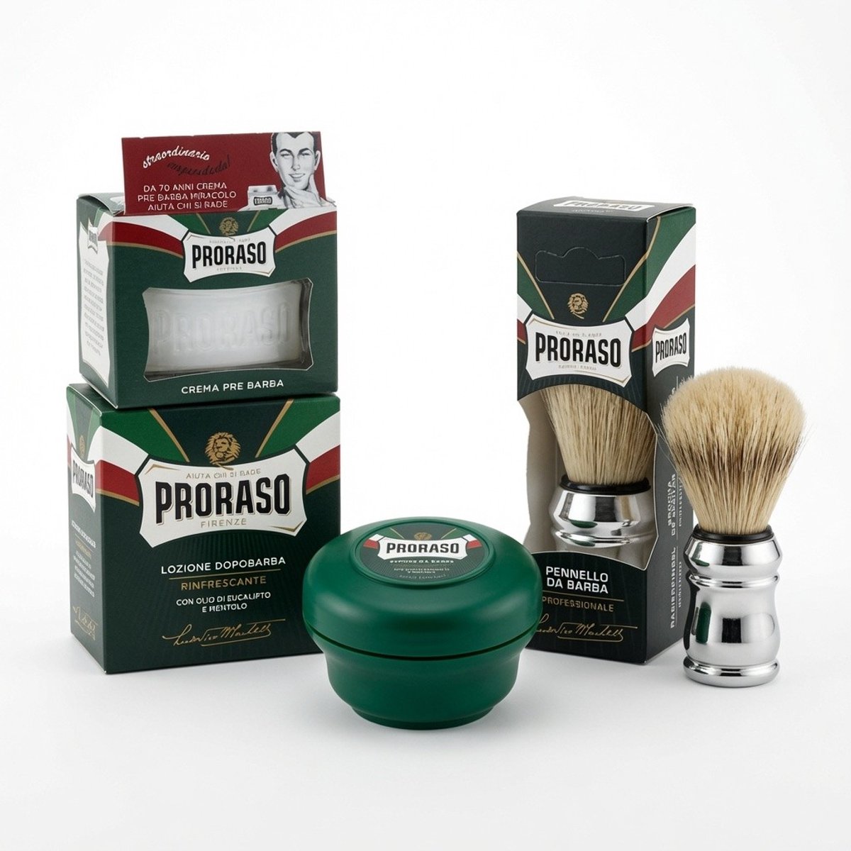 Scheerset Proraso: Aftershave lotion 100ml, pre-shave crème 100ml en scheerzeep 150 g en een Proraso scheerkwast in een transparante tas
