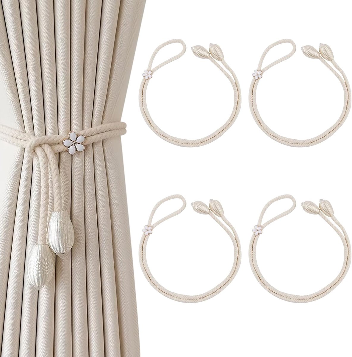 SnelShoppen - Set van 4 Verstelbare Handgeweven Katoenen Gordijnhouders, Beige Gordijn Embrasses voor Woonkamer, Kantoor, Slaapkamer, Decoratie