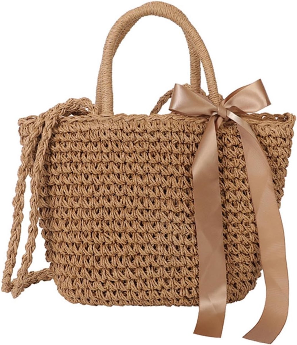 Geweven strandtas rotan handtas voor dames - bruine schoudertas voor strand en winkelen met praktische functies